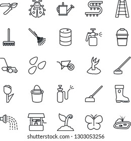 Thin Line Icon Set - rake vector, ladder, watering can, wheelbarrow, bucket, sproute, pruner, boot, lawn mower, butterfly, lady bug, well, hoe, seeds, garden sprayer, drip irrigation, tulip, pond