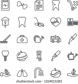 Thin Line Icon Set - rake vector, watering can, lawn mower, bird house, heart pulse, doctor case, diagnosis, dropper, ambulance car, lungs, tooth, caries, implant, broken bone, clipboard, diet, hook