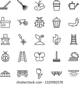 Thin Line Icon Set - rake vector, ladder, watering can, wheelbarrow, bucket, sproute, butterfly, lady bug, fire, hose, bench, garden light, fireplace, greenhouse, caterpillar, pond, picnic table