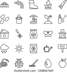 Thin Line Icon Set - rake vector, watering can, bucket, sproute, boot, saw, butterfly, lady bug, fire, house, water drop, sun, rain, well, hose, plant label, fireplace, greenhouse, seeds, fertilizer
