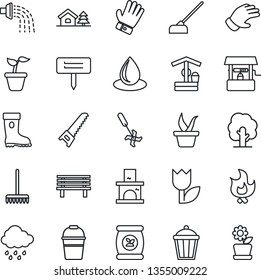 Thin Line Icon Set - rake vector, seedling, tree, bucket, watering, glove, boot, saw, fire, water drop, rain, well, hoe, plant label, bench, garden light, fireplace, fertilizer, ripper, tulip