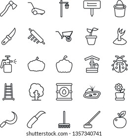 Thin Line Icon Set - rake vector, ladder, seedling, tree, wheelbarrow, bucket, sproute, lawn mower, lady bug, well, hoe, sickle, garden knife, axe, plant label, pumpkin, light, sprayer, oil barrel