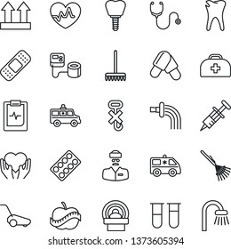 Thin Line Icon Set - rake vector, watering, lawn mower, heart pulse, doctor case, stethoscope, syringe, blood pressure, test vial, pills, blister, patch, tomography, ambulance car, hand, caries