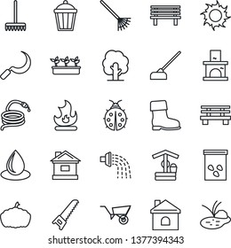 Thin Line Icon Set - rake vector, tree, wheelbarrow, watering, boot, saw, lady bug, fire, house, seedling, water drop, sun, well, hose, hoe, sickle, bench, pumpkin, garden light, fireplace, seeds