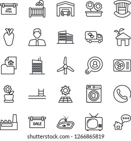 Thin Line Icon Set - real heart vector, pond, pool, sun panel, windmill, garage, estate document, sale, low price signboard, office building, client search, agent, children room, washer, moving, tv