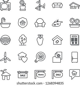 Thin Line Icon Set - real heart vector, contract, house with garage, pond, windmill, fruit tree, estate document, sale, rooms, search, bathroom, cushioned furniture, sweet home, fridge, tv, wireless