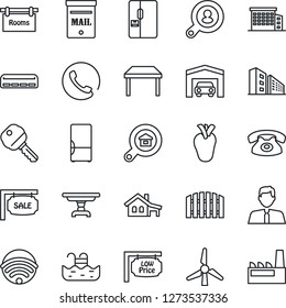 Thin Line Icon Set - real heart vector, house with garage, pool, mailbox, windmill, fence, sale, rooms, low price signboard, office building, estate search, client, agent, key, table, fridge, phone