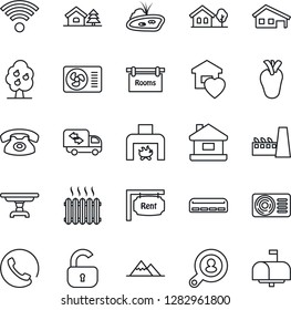 Thin Line Icon Set - real heart vector, house, with garage, tree, pond, fruit, mountains, rent, rooms, client search, lock, table, moving, sweet home, fireplace, heater, air conditioner, wireless
