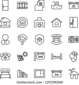 Thin Line Icon Set - real heart vector, house, pool, sun panel, fruit tree, fence, plan, estate document, sold signboard, low price, office building, search, agent, bedroom, children room, fireplace