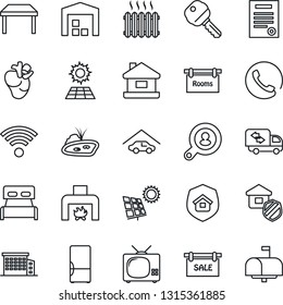 Thin Line Icon Set - real heart vector, contract, house, pond, sun panel, garage, warehouse, sale, rooms, office building, client search, key, bedroom, table, moving, fireplace, heater, fridge, tv