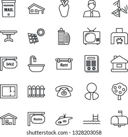 Thin Line Icon Set - real heart vector, contract, house, with garage, pond, pool, mailbox, sun panel, windmill, fruit tree, warehouse, fence, plan, sale, rent, rooms, office building, estate agent