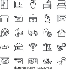 Thin Line Icon Set - real heart vector, house, with garage, sun panel, windmill, plan, rent, sold signboard, low price, estate search, bedroom, children room, table, cushioned furniture, moving