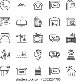 Thin Line Icon Set - real heart vector, pool, sun panel, windmill, water supply, mountains, warehouse, sale, rent, low price signboard, office building, bedroom, children room, bathroom, moving, tv