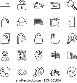 Thin Line Icon Set - real heart vector, house with garage, pond, pool, sun panel, water supply, estate document, sold signboard, office building, client search, key, lock, bathroom, washer, fridge