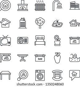Thin Line Icon Set - real heart vector, house with garage, pond, pool, fruit tree, sold signboard, low price, office building, estate search, client, bedroom, children room, table, bathroom, washer