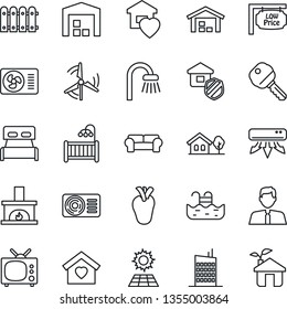 Thin Line Icon Set - real heart vector, house with tree, pool, sun panel, windmill, warehouse, fence, low price signboard, estate agent, key, bedroom, children room, bathroom, cushioned furniture