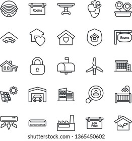 Thin Line Icon Set - real heart vector, house with garage, sun panel, windmill, rooms, low price signboard, office building, client search, lock, children room, table, sweet home, air conditioner