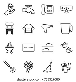 Thin line icon set : real estate, water tap, intercome, surveillance camera, chair, armchair, hair dryer, cup, bbq, welcome mat, slippers, pets, skimmer, elecric oven, broom, wiping