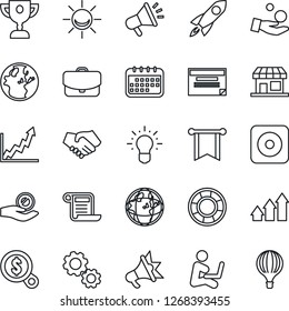 Thin Line Icon Set - rec button vector, alarm led, arrow up graph, gear, rocket, handshake, pennon, earth, growth, money search, investment, idea, calendar, case, schedule, crisis management