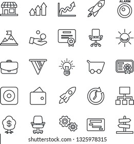 Thin Line Icon Set - rec button vector, alarm led, arrow up graph, gear, motivation, rocket, wallet, clock, pennon, growth, office chair, investment, idea, cart, case, schedule, hierarchy, guidepost