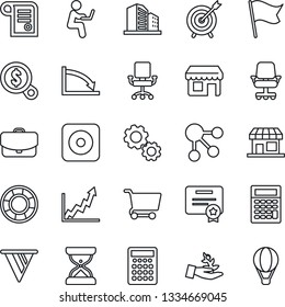 Thin Line Icon Set - rec button vector, target, gear, palm sproute, pennon, growth graph, crisis, office chair, money search, cart, flag, case, calculator, social media, management, certificate