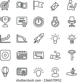 Thin Line Icon Set - rec button vector, target, shining head, rocket, clock, growth graph, crisis, office chair, investment, idea, calendar, flask, flag, cash, schedule, certificate, mail, award cup