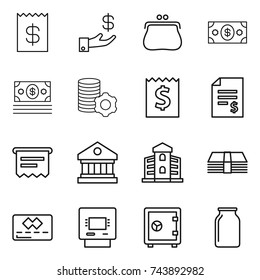 thin line icon set : receipt, investment, purse, money, virtual mining, account balance, atm, library, building, credit card, safe, bank