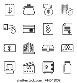 thin line icon set : receipt, purse, money gift, virtual mining, hand coin, credit card, account balance, office, atm, safe, bank