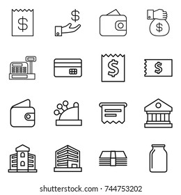 thin line icon set : receipt, investment, wallet, money gift, cashbox, credit card, atm, library, building, office, bank
