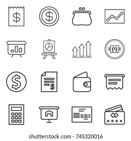 thin line icon set : receipt, dollar, purse, statistics, presentation, graph up, crypto currency, coin, account balance, wallet, atm, calculator, invoice, credit card