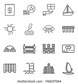 thin line icon set : receipt, diagram, gift, boat, chip, infinity power, ufo, bridge, dome house, gothic architecture, palace, credit card, bar code, pool, hotel, windsurfing