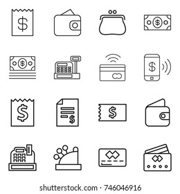 thin line icon set : receipt, wallet, purse, money, cashbox, tap to pay, phone, account balance, credit card