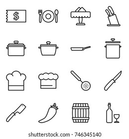 thin line icon set : receipt, cafe, restaurant, stands for knives, pan, cook hat, chief, skimmer, knife, chef, hot pepper, barrel, wine