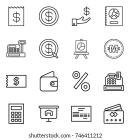 thin line icon set : receipt, dollar, investment, annual report, cashbox, arrow, presentation, crypto currency, wallet, percent, calculator, invoice, credit card