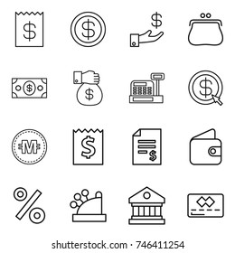 thin line icon set : receipt, dollar, investment, purse, money, gift, cashbox, arrow, crypto currency, account balance, wallet, percent, library, credit card