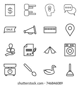 thin line icon set : receipt, diagram, bulb head, discussion, sale, loudspeaker, bunker, geo pin, client, inventory, tent, washing machine, kitchen scales, big spoon, goose, plunger