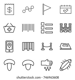thin line icon set : receipt, graph, flag, calendar, add to basket, bar code, list, palace, mobile location, vip fence, iron, mushroom, sow, bug