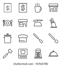 thin line icon set : receipt, hot drink, shop, cafe, cutting board, stands for knives, pan, chief hat, spatula, big spoon, meat hammer, cooking book, grater, meal cap