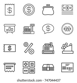 thin line icon set : receipt, dollar, purse, money, presentation, cashbox, message, crypto currency, percent, atm, calculator, invoice