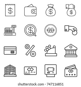 thin line icon set : receipt, wallet, money bag, gift, cashbox, dollar arrow, crypto currency, hand coin, credit card, percent, library, office, atm