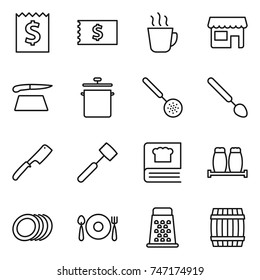 thin line icon set : receipt, hot drink, shop, cutting board, pan, skimmer, big spoon, chef knife, meat hammer, cooking book, salt pepper, plates, fork plate, grater, barrel