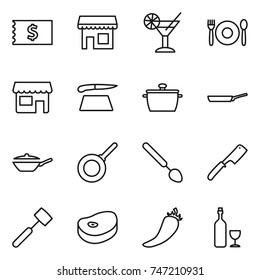 thin line icon set : receipt, shop, cocktail, cafe, cutting board, pan, big spoon, chef knife, meat hammer, steake, hot pepper, wine