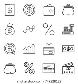 thin line icon set : receipt, dollar, wallet, purse, money bag, graph, percent, cashbox, arrow, up, tap to pay, invoice, credit card