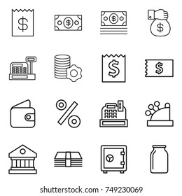thin line icon set : receipt, money, gift, cashbox, virtual mining, wallet, percent, library, safe, bank