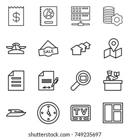 thin line icon set : receipt, annual report, server, virtual mining, scales, sale, houses, map, document, inventory, cargo search, inspector, yacht, watch, tv, window