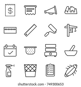 thin line icon set : receipt, atm, loudspeaker, project, bunker, ruler, repair, tower crane, terms, colander, double boiler, mortar, sprayer, trash bin, clipboard list, bug