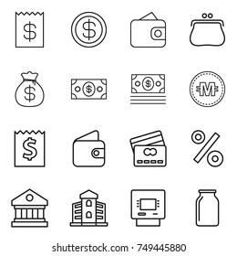 thin line icon set : receipt, dollar, wallet, purse, money bag, crypto currency, credit card, percent, library, building, atm, bank