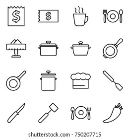 thin line icon set : receipt, hot drink, cafe, restaurant, pan, chief hat, spatula, knife, meat hammer, fork spoon plate, pepper