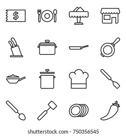 thin line icon set : receipt, cafe, restaurant, shop, stands for knives, pan, cook hat, spatula, big spoon, meat hammer, plates, hot pepper
