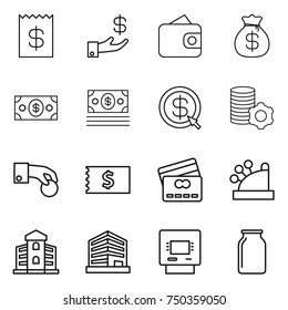 thin line icon set : receipt, investment, wallet, money bag, dollar arrow, virtual mining, hand coin, credit card, cashbox, building, office, atm, bank